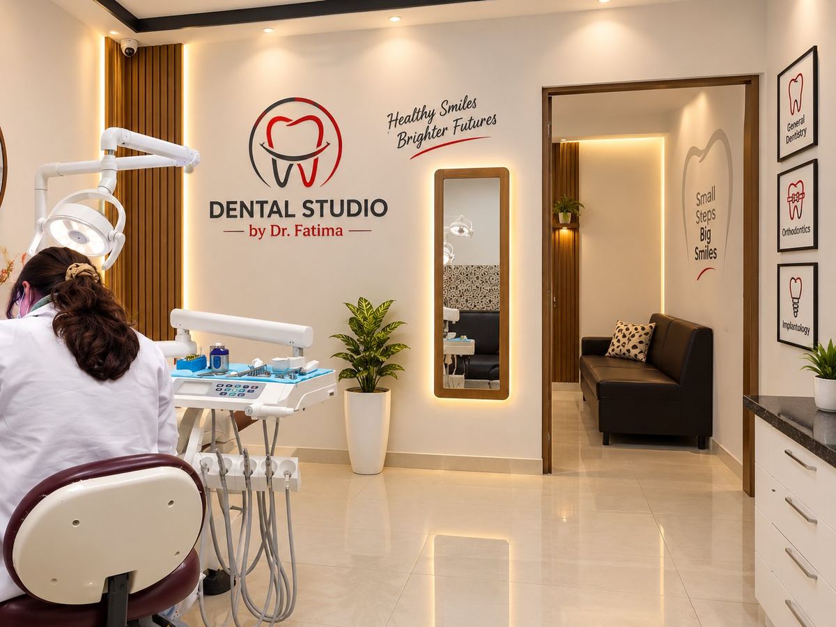 The treatment room at Dental Studio By Dr Fatima — the clinic's logo wall, warm wood slats and a dentist at the chair