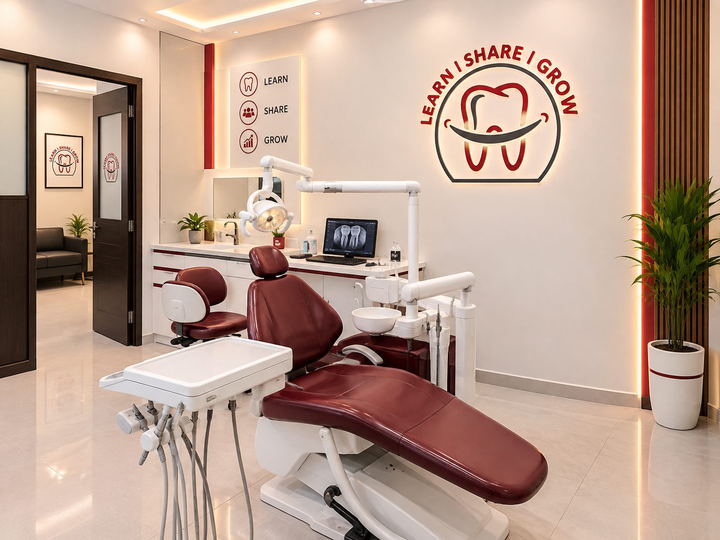 Dental equipment and the treatment chair used for in-clinic whitening sessions at our Satellite Town clinic, Rawalpindi