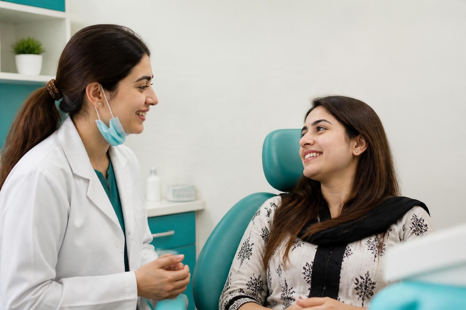 Female dentist chatting with a smiling patient in the dental chair at Dental Studio by Dr Fatima