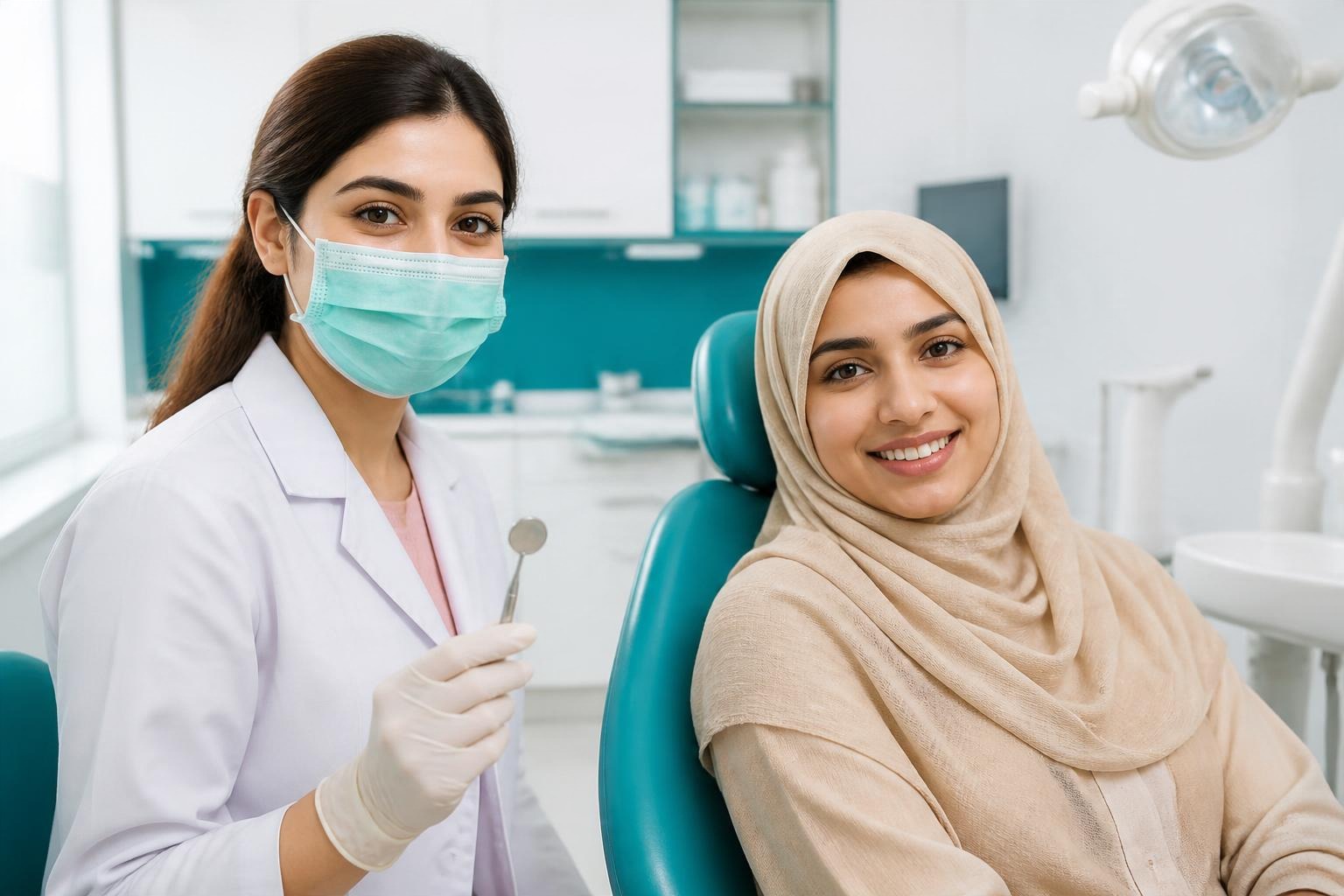 Female dentist with a smiling patient in hijab in the dental chair