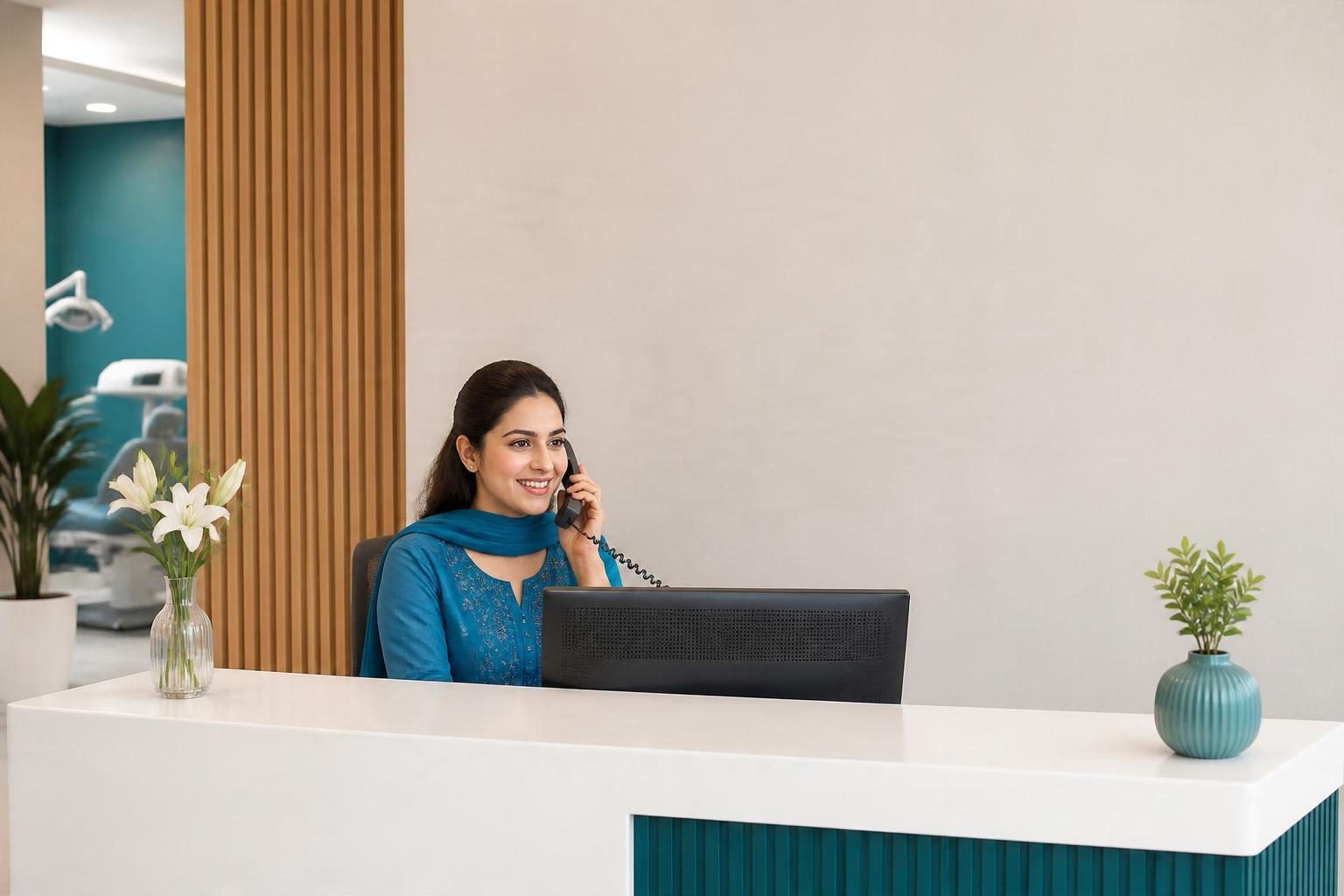 Receptionist taking an appointment call at the front desk of Dental Studio by Dr Fatima