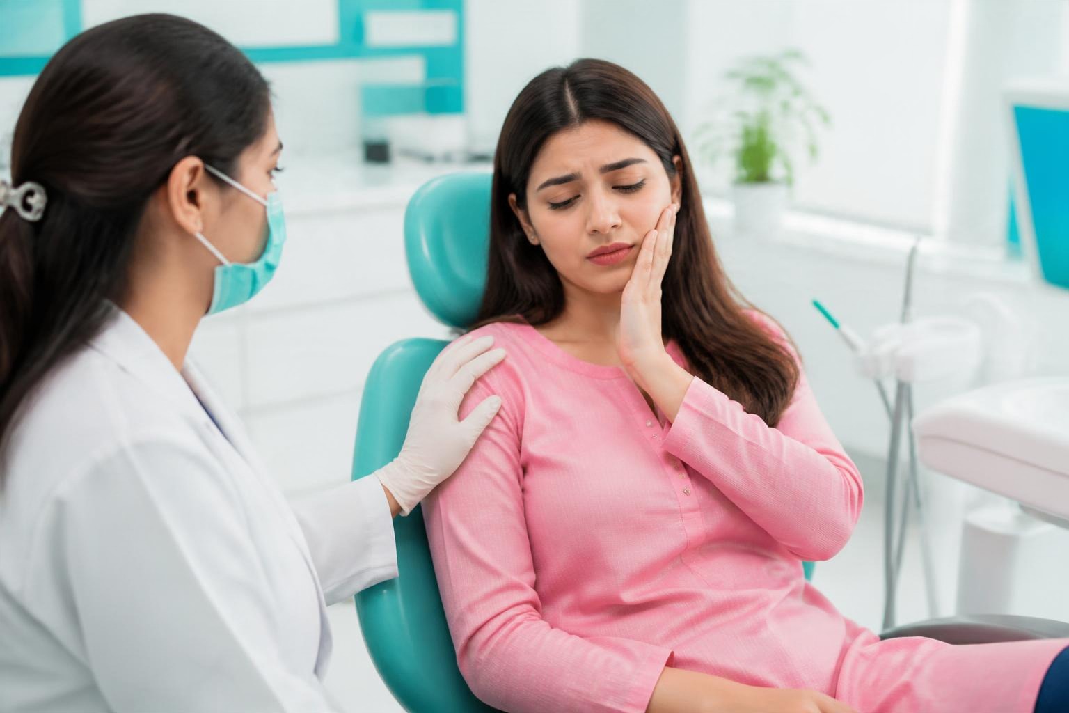 Female dentist reassuring a patient with toothache in the dental chair