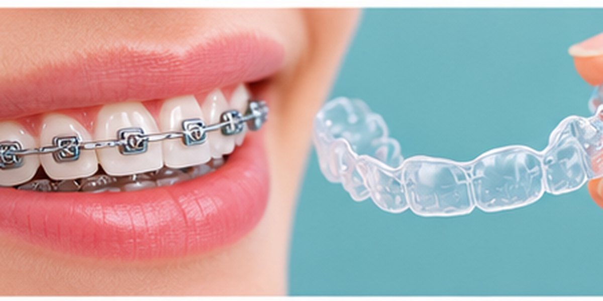 Metal orthodontic braces fitted on upper and lower teeth