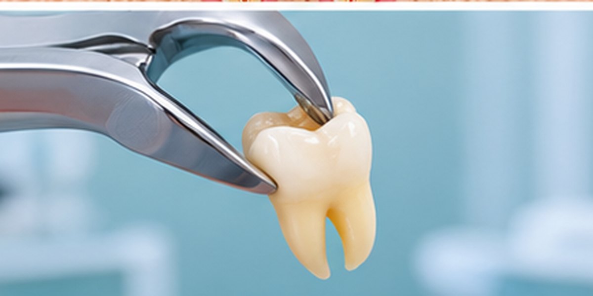 Extracted molar held in dental forceps