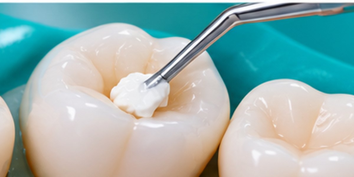 Tooth-coloured composite filling being placed in a molar