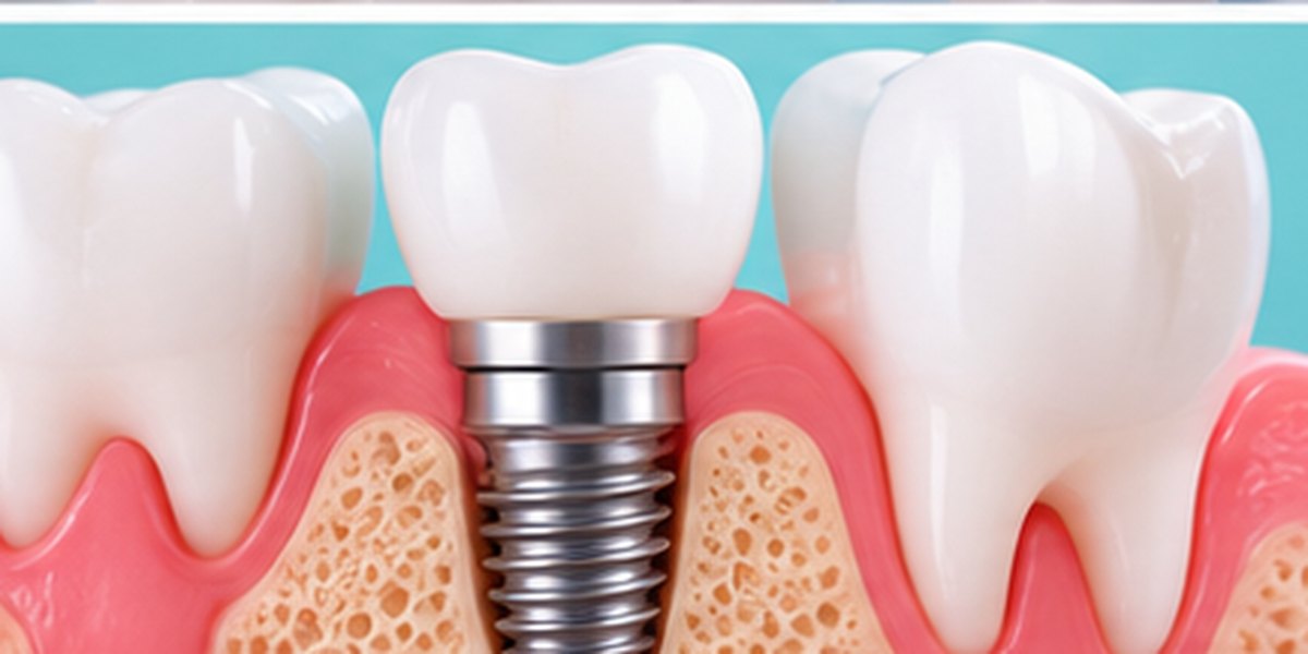 Model of a titanium dental implant between natural teeth