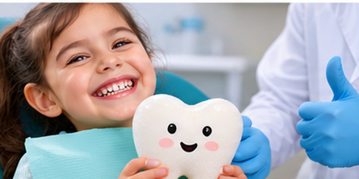 Smiling child in the dental chair holding a toy tooth at Dental Studio by Dr Fatima