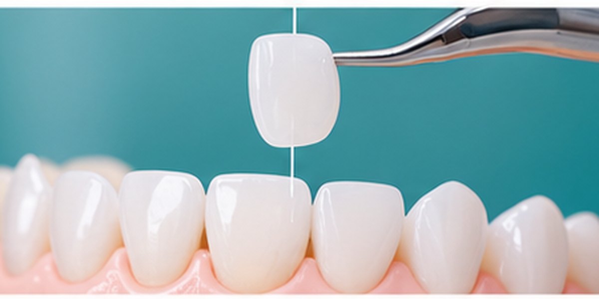 Porcelain veneer being placed over a front tooth